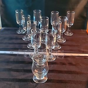 Gently loved shot glasses 11 tall with stem and 2 fat stubbies with stem 24k top